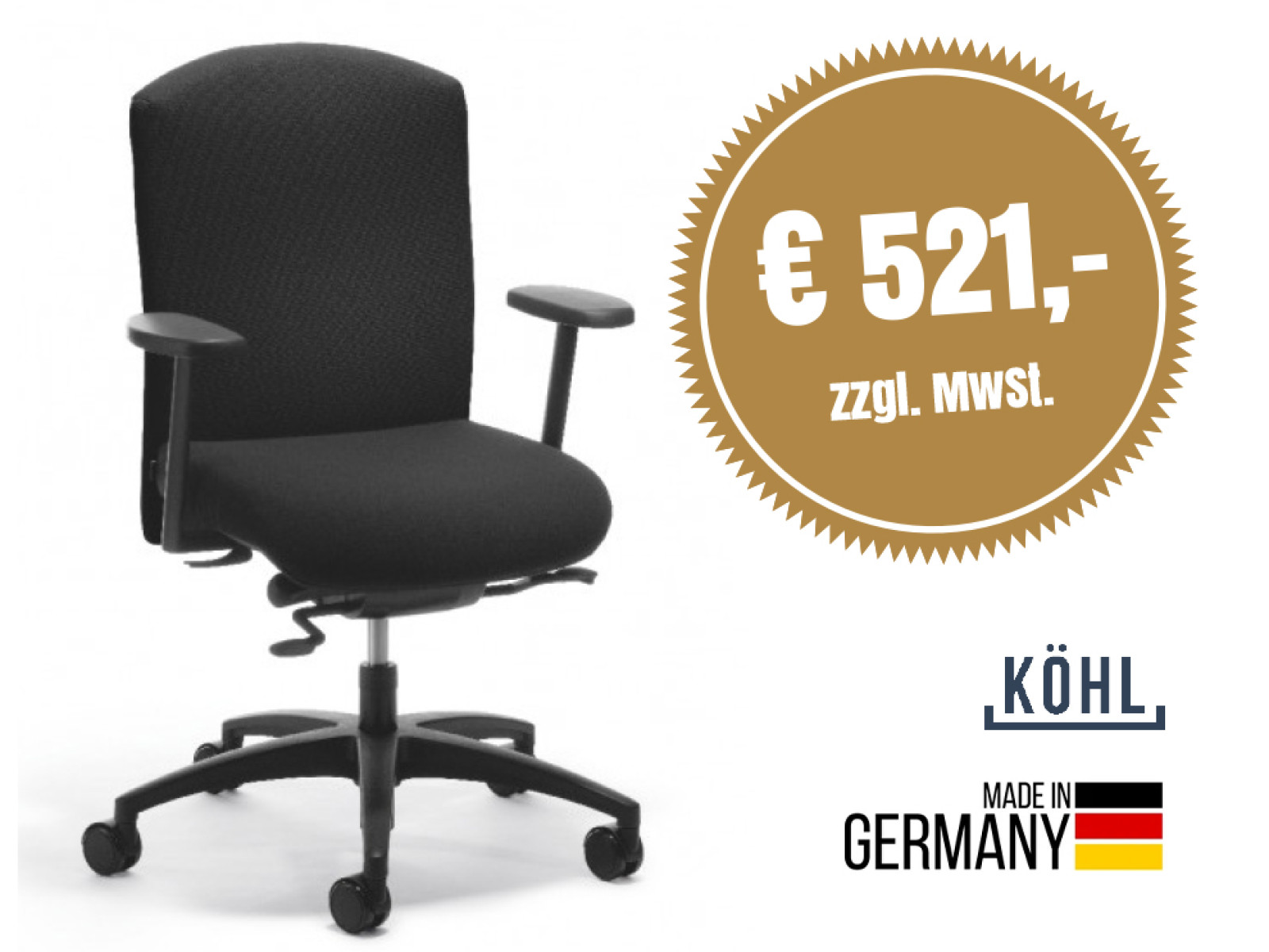 Schwarzer Bürostuhl, Preis € 521,- zzgl. MwSt., Hersteller KÖHL, Made in Germany.