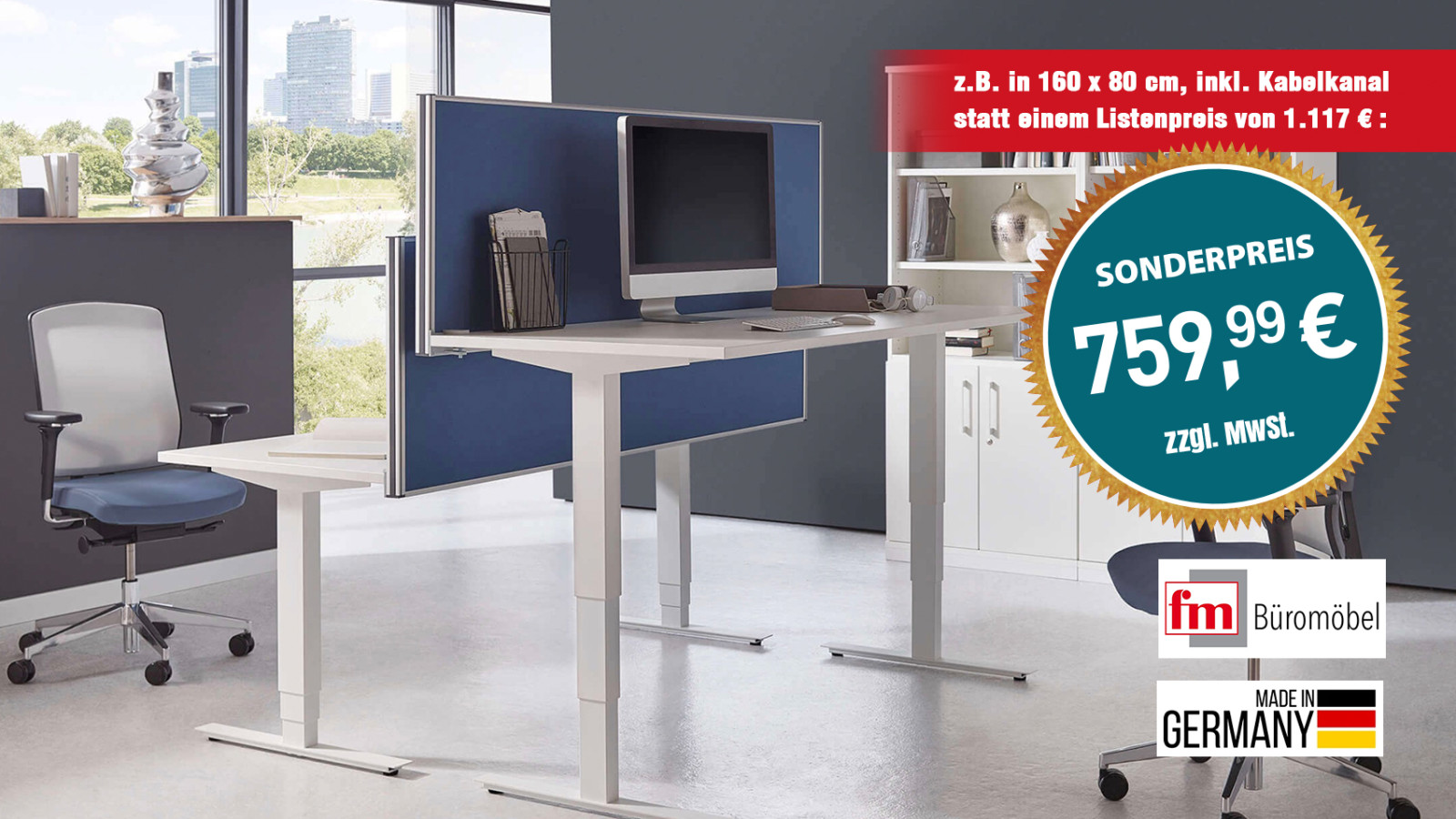 Verstellbarer Büro-Schreibtisch, beworben zu einem Sonderpreis von 759,99 Euro.