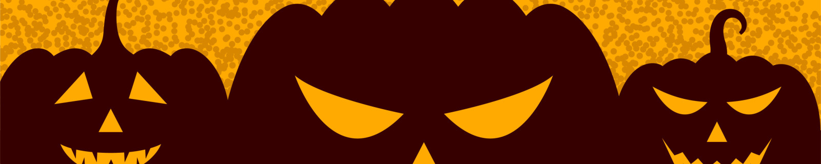 Grafik von geschnitzten Kürbissen und fliegenden Fledermäusen mit 'Happy Halloween' Schriftzug.