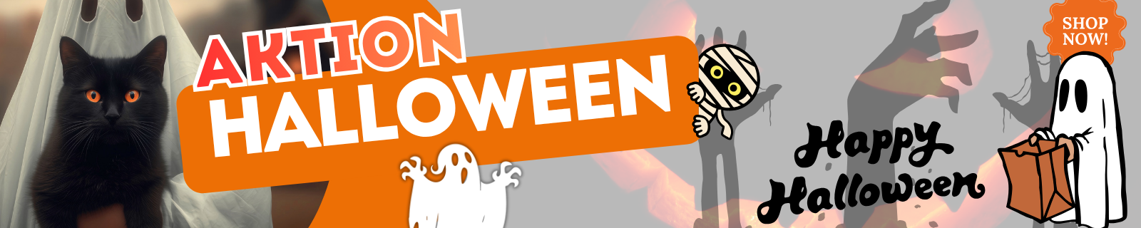 Halloween-Banner mit Katze, Geistern und der Aufschrift 'Aktion Halloween'.