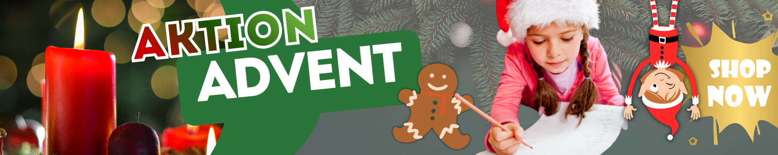 Kind mit Weihnachtsmütze schreibt Wunschliste, Adventskerzen und Dekorationen