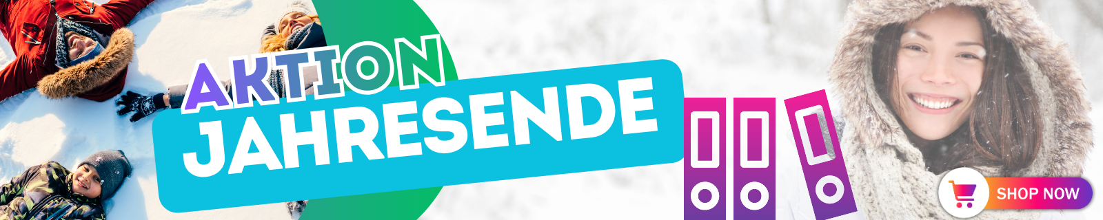 Menschen im Schnee und Werbung für Jahresendaktion mit einem lächelnden Gesicht im Pelzmantel.