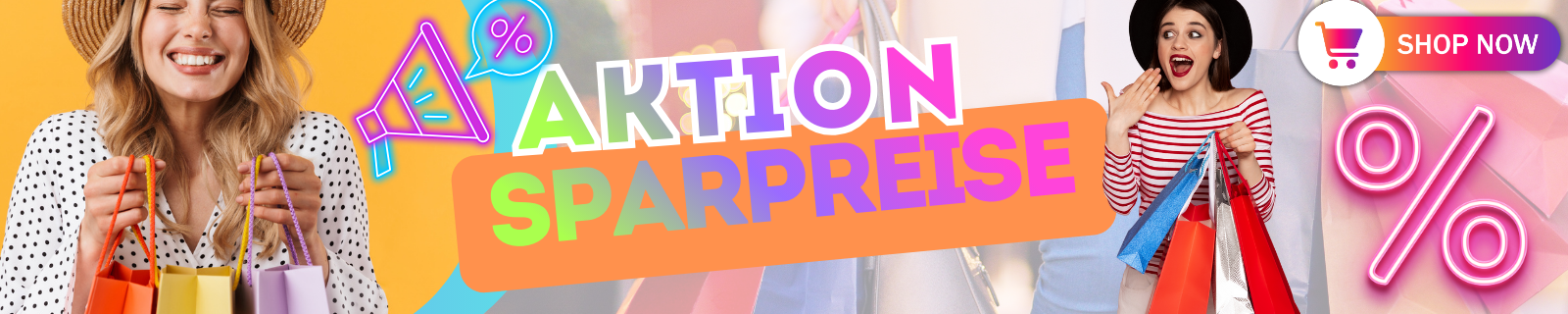 Zwei Frauen mit Einkaufstaschen, Banner mit dem Text 'Aktion Sparpreise'.