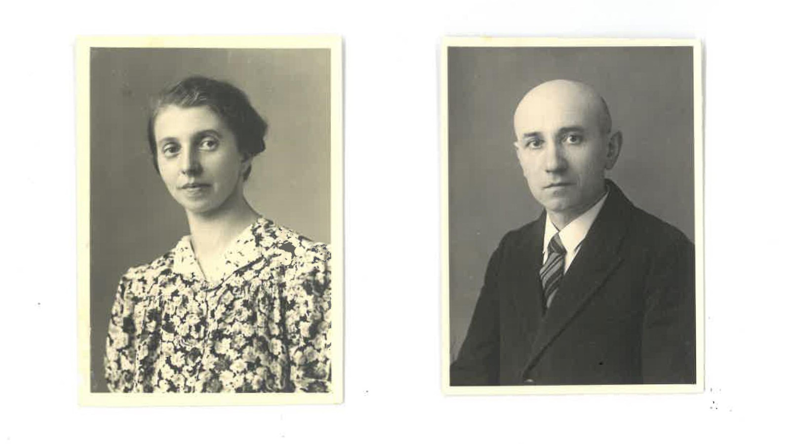 Zwei Schwarz-Weiß-Porträts: links eine Frau im gemusterten Kleid, rechts ein Mann im Anzug.