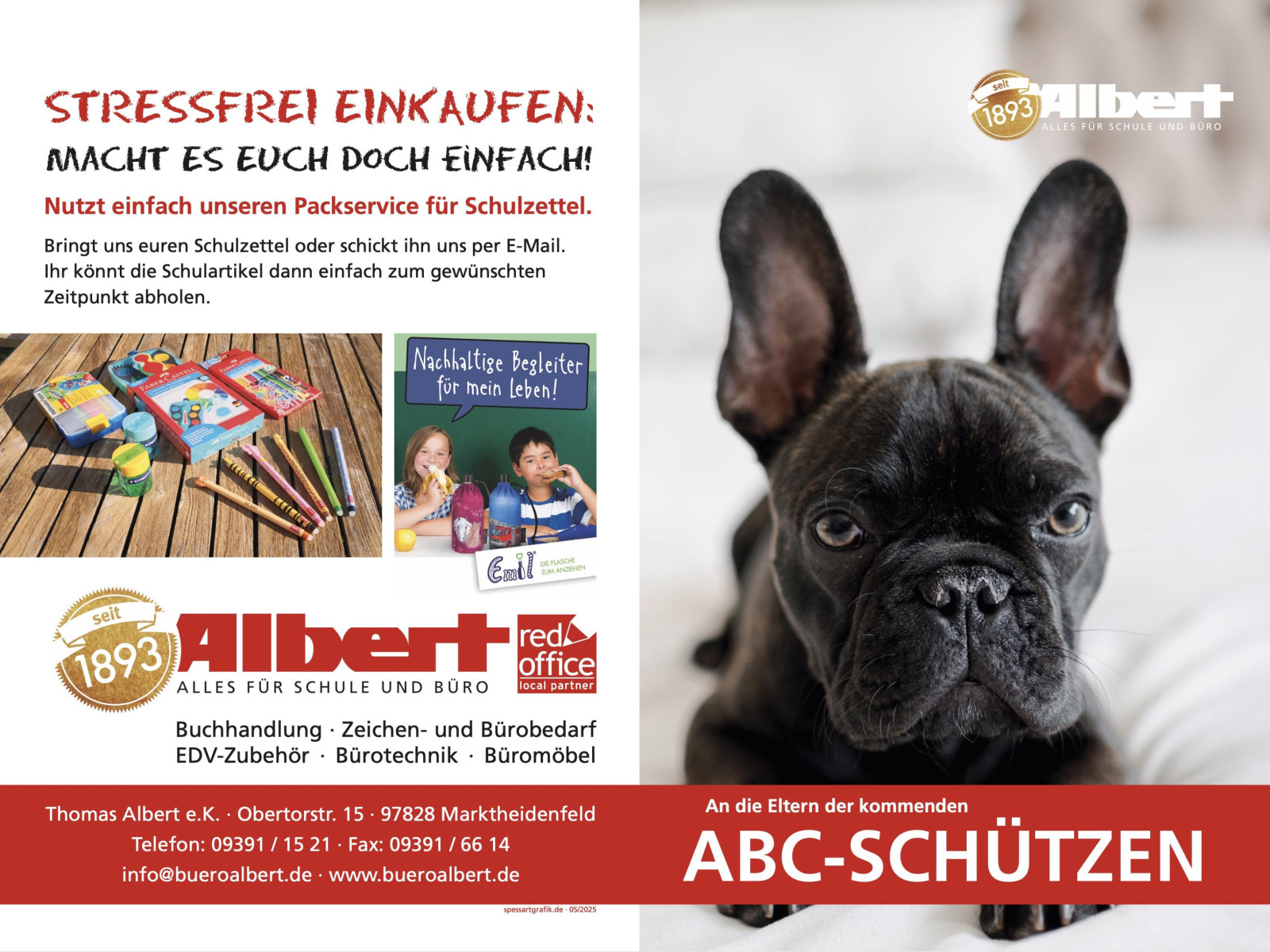 Anzeige von Albert mit Schulmaterialien und einem Hund für entspanntes Einkaufen.