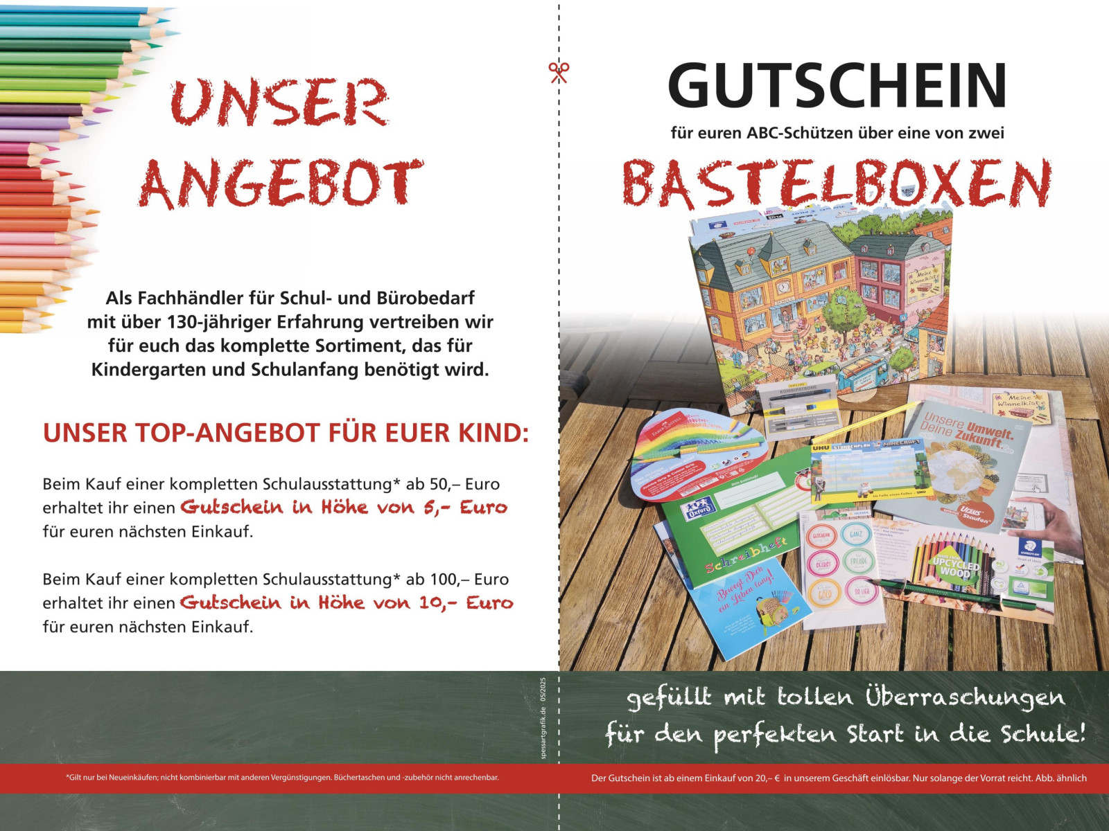 Eine Werbeseite mit Angeboten für Schulbedarf und Bastelboxen, inklusive Gutscheinen.