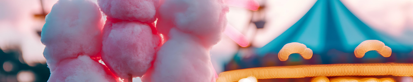 Rosa Zuckerwatte vor einem Jahrmarkt mit Riesenrad und Zelt in der Dämmerung.
