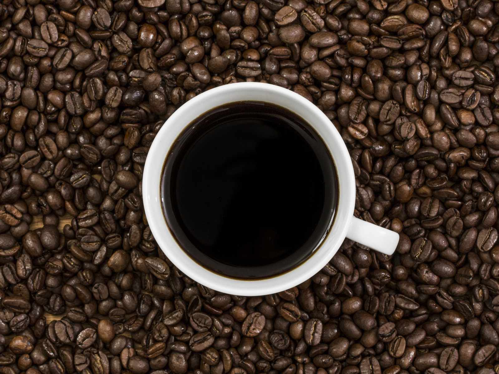 Weiße Kaffeetasse, umgeben von Kaffeebohnen.