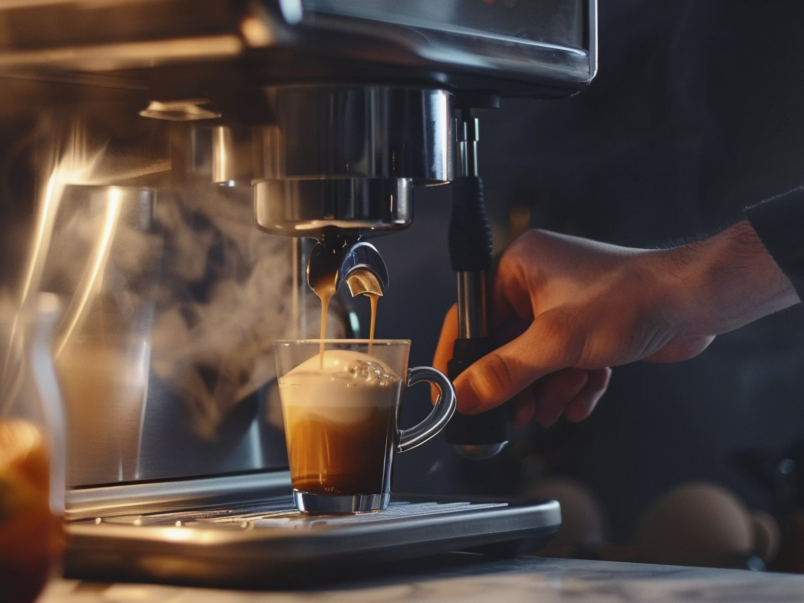 Hand hält eine Tasse unter einer Kaffeemaschine, die dampfenden Espresso produziert.