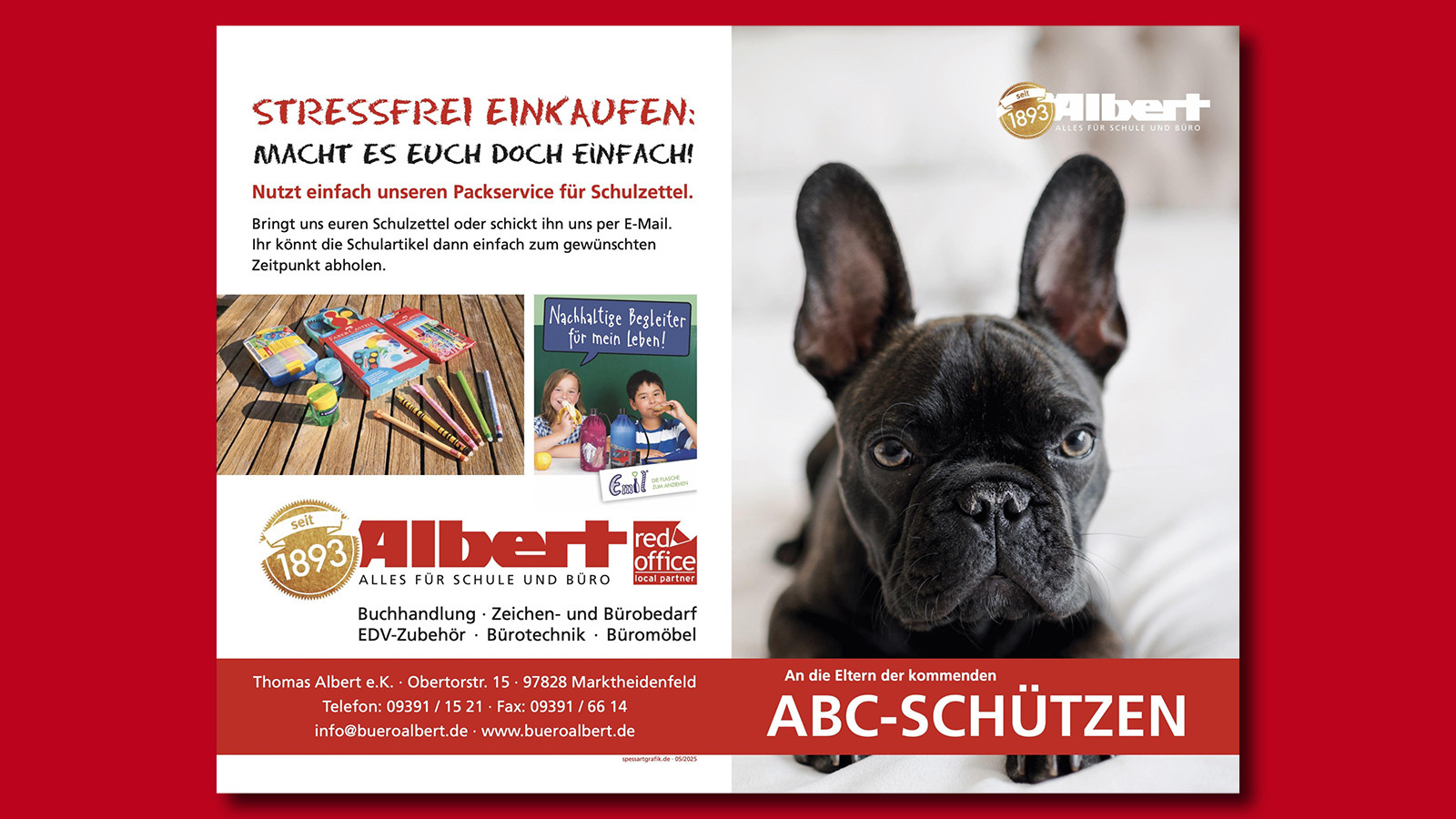 Werbung mit Hund und Schulbedarf, Text über stressfreies Einkaufen bei Albert.