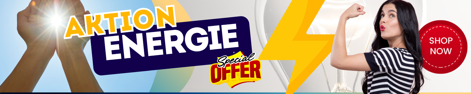 Frau zeigt Muskeln, Blitzsymbol, Text: Aktion Energie, Special Offer, Shop Now.