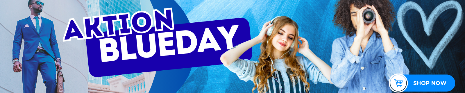 Banner mit der Aufschrift 'Aktion Blueday', junge Frau mit Kopfhörern und Person mit Fernglas.