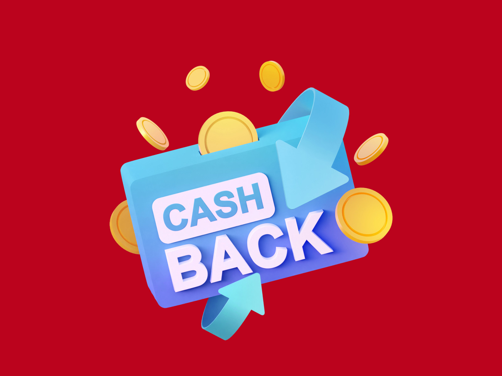 Cashback-Logo mit Münzen und Pfeilen auf rotem Hintergrund.