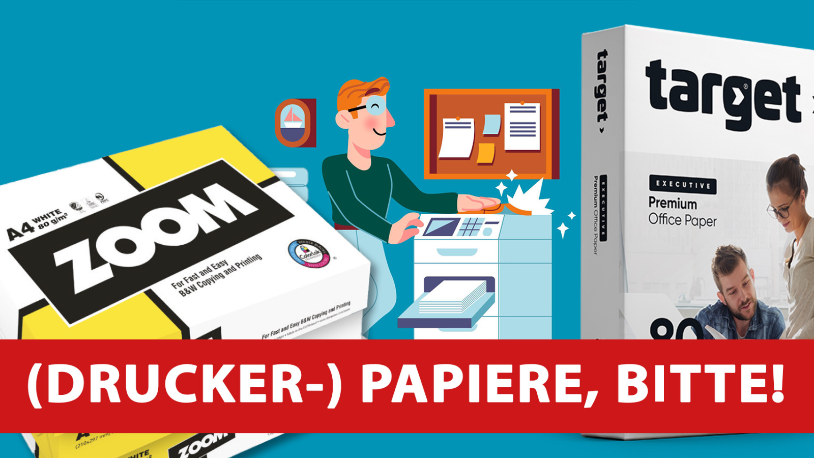 Mann neben Drucker, Zoom und Target Papierprodukte abgebildet.