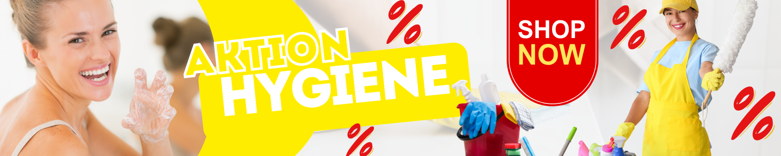 Banner mit lächelnder Person, Reinigungsmitteln und 'Shop Now' Knopf.