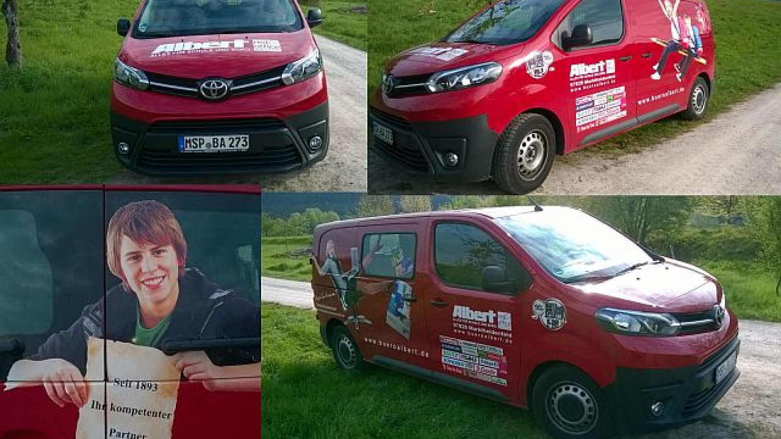 Mehrere Ansichten eines roten Firmenwagens mit Aufschriften, der auf einem Weg geparkt ist.