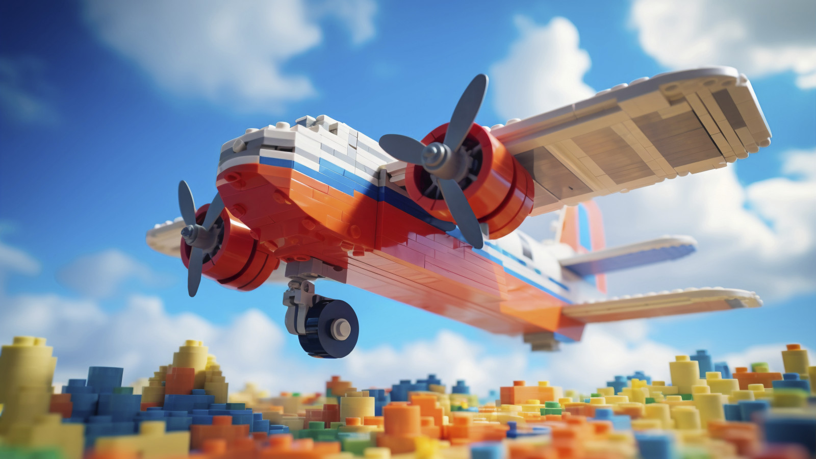 Ein LEGO-Flugzeug fliegt über eine bunte LEGO-Landschaft mit blauem Himmel und weißen Wolken.
